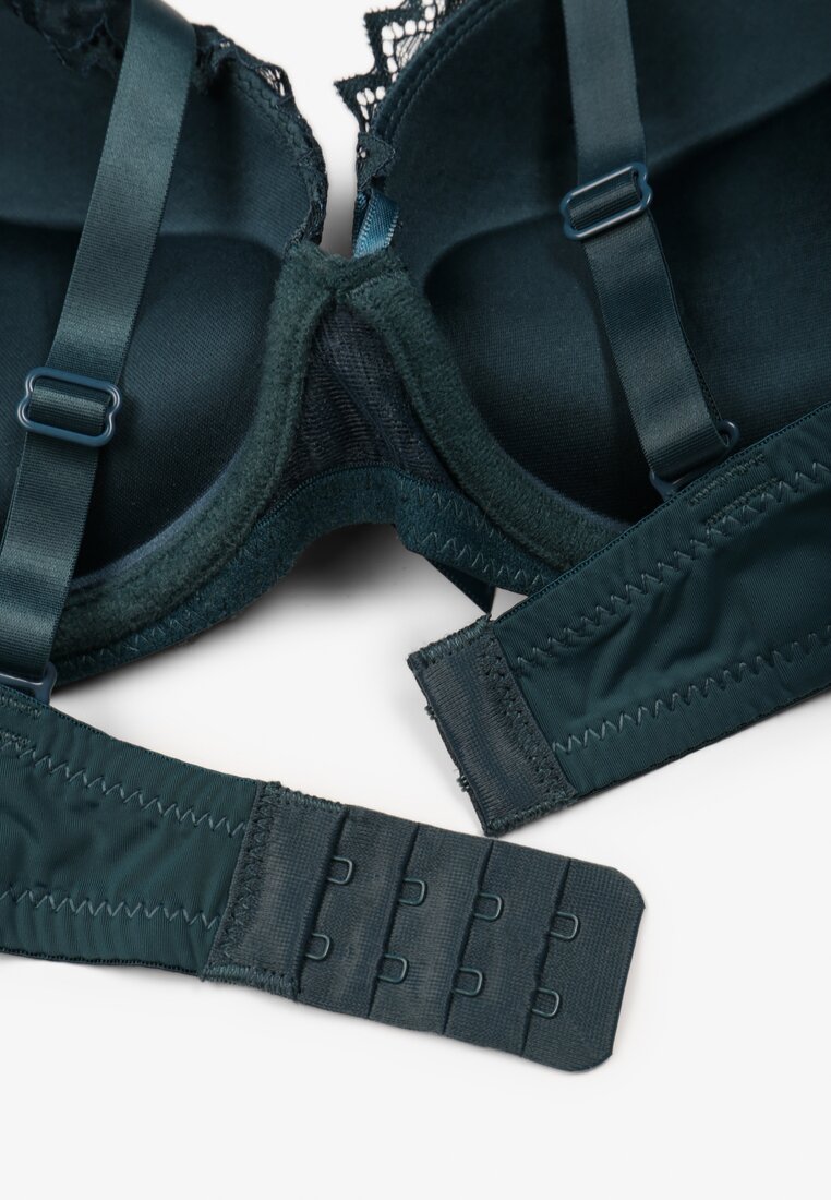 Ciemnozielony Biustonosz Push-Up z Koronką i Kokardkami oraz Ozdobami ze Stali Teofilo