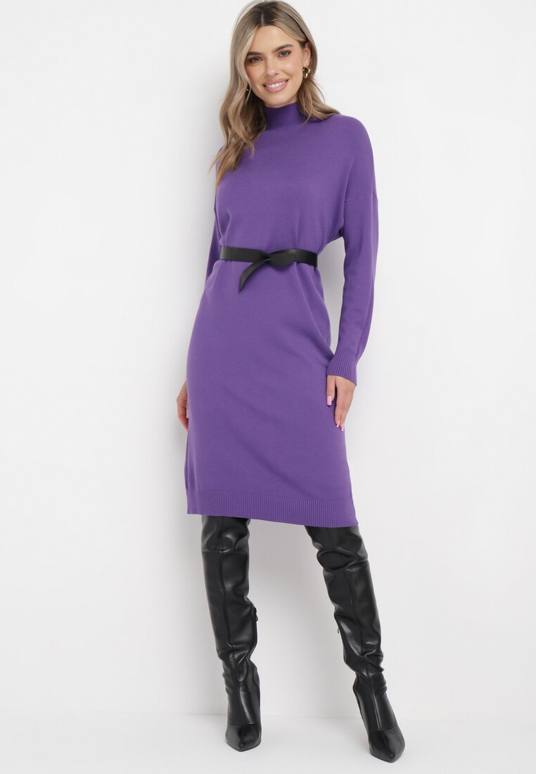 Ciemnofioletowa Sukienka Dzianinowa z Golfem i Paskiem Evus