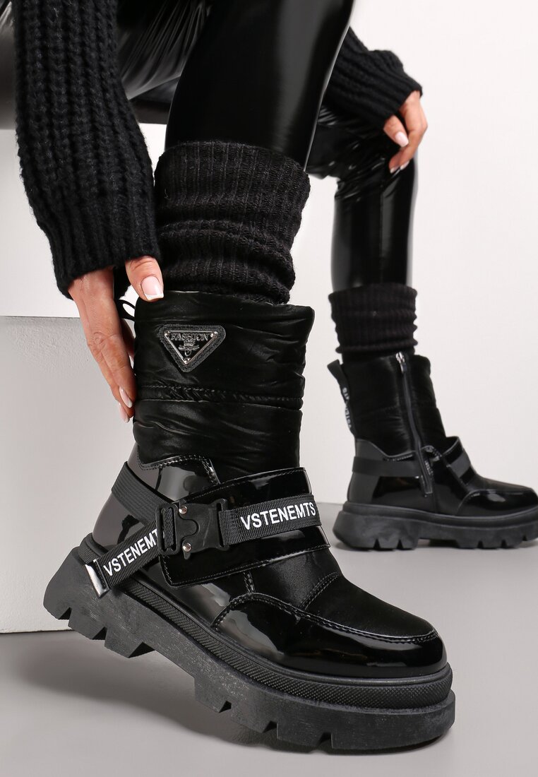 Czarne Lakierowane Śniegowce z Ozdobnymi Taśmami Eraclio