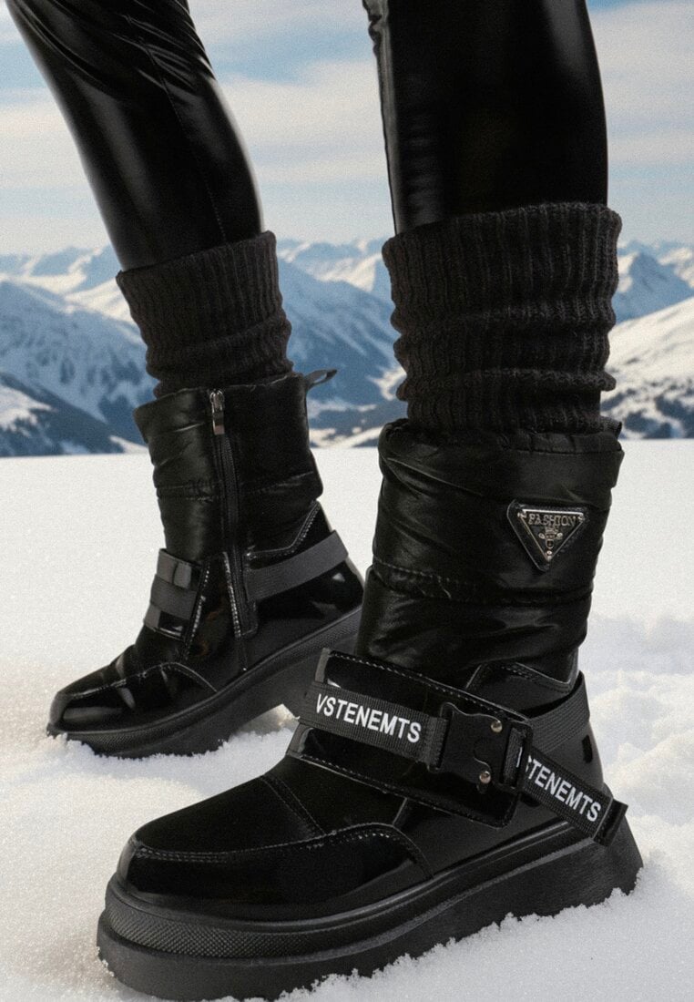 Czarne Lakierowane Śniegowce z Ozdobnymi Taśmami Eraclio