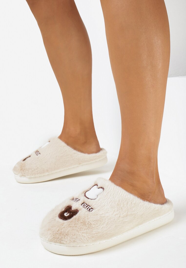 Beżowe Kapcie z Futerka z Misiem i Haftowanym Napisem Likeno