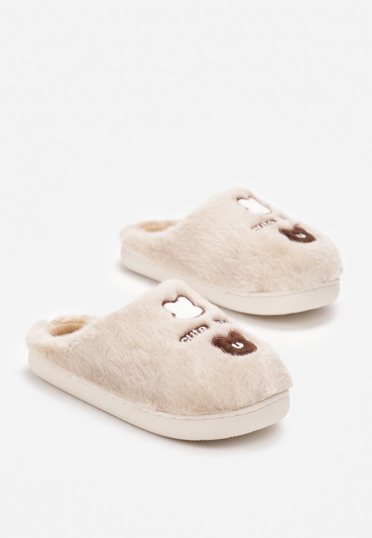 Beżowe Kapcie z Futerka z Misiem i Haftowanym Napisem Likeno