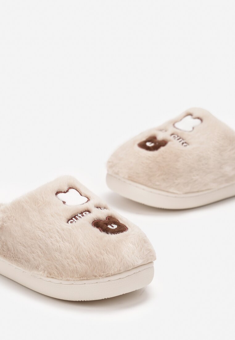Beżowe Kapcie z Futerka z Misiem i Haftowanym Napisem Likeno