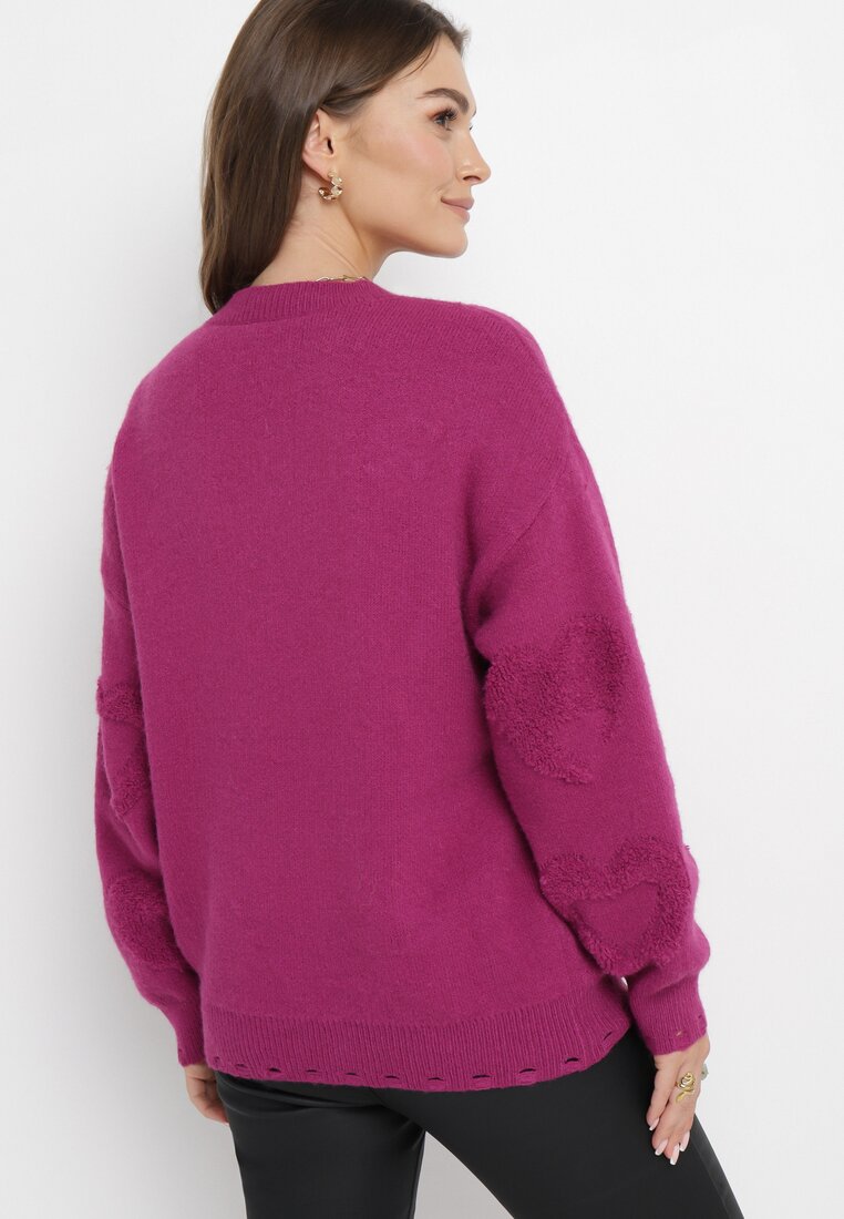 Fioletowy Sweter z Naszywkami w Perły i Cyrkonie Aljia