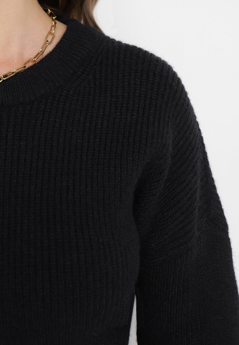 Czarny Sweter ze Ściągaczami na Rękawach Ceshia