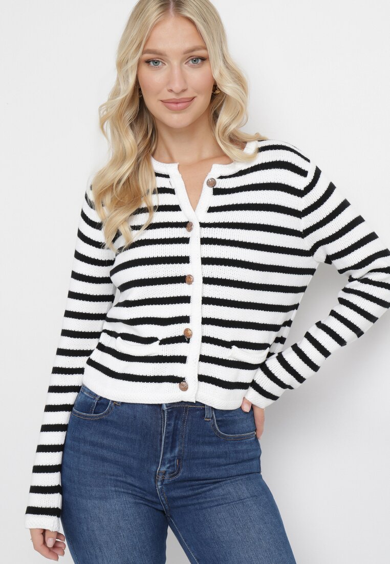 Biały Rozpinany Kardigan w Paski Abamestra