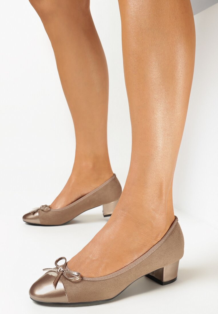 Ciemnobeżowe Czółenka z Okrągłym Noskiem i Kokardką Sammie