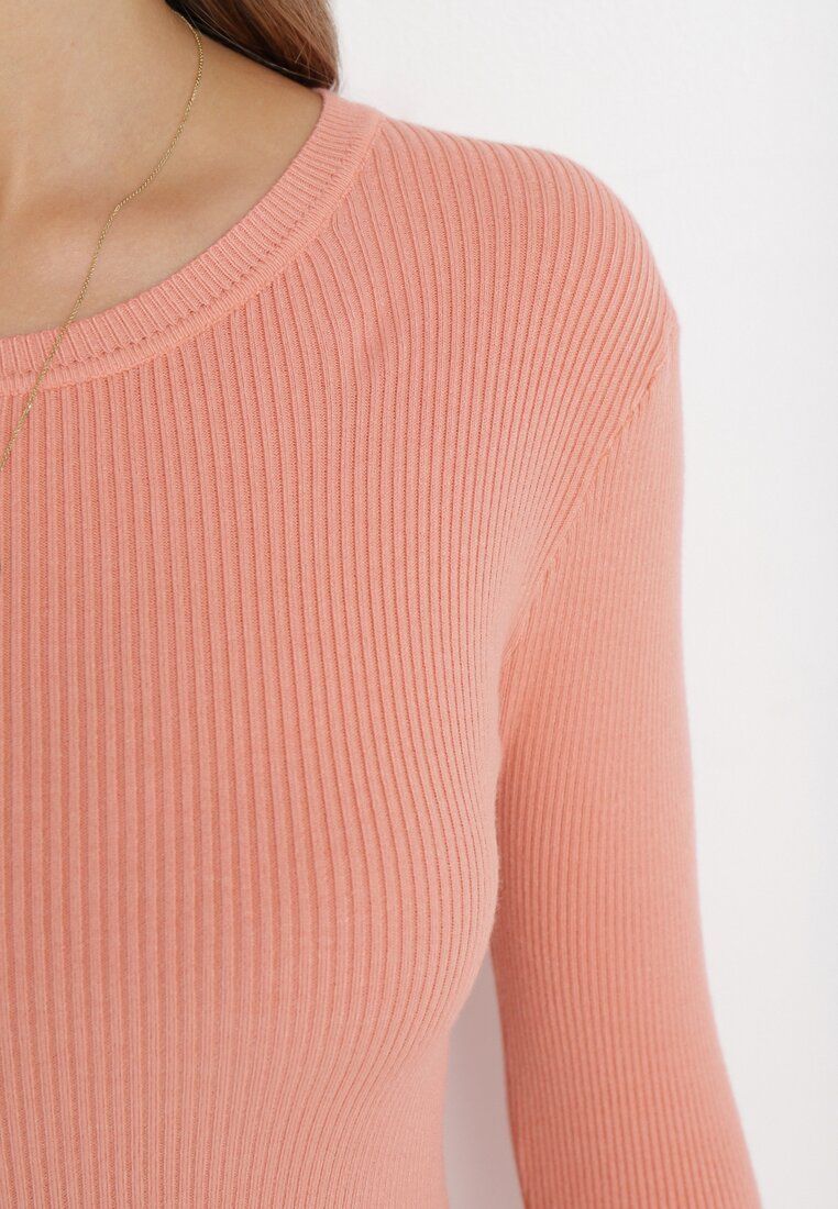 Pomarańczowa Dopasowana Sukienka Sweterkowa z Rozcięciem Aminna
