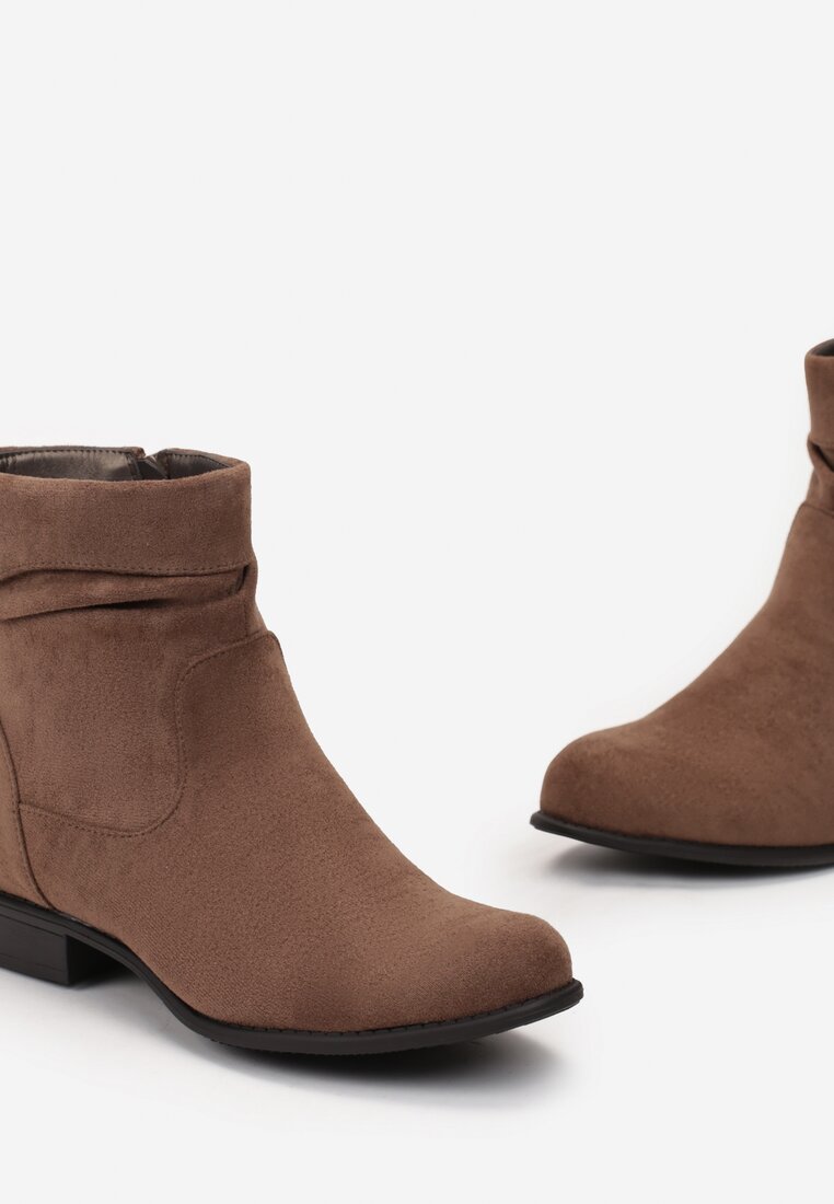 Brązowe Botki z Marszczoną i Wywiniętą Cholewką Kordanna