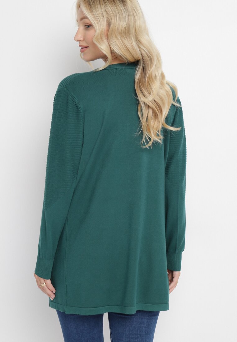 Ciemnozielony Długi Kardigan Nierozpinany z Prążkowanym Tłoczeniem Chloese