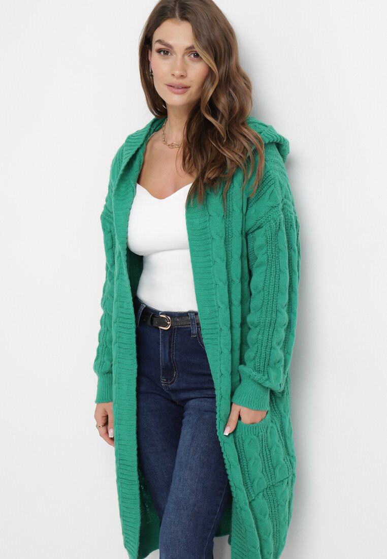 Zielony Długi Kardigan z Kapturem Ozdobiony Splotem Galemes