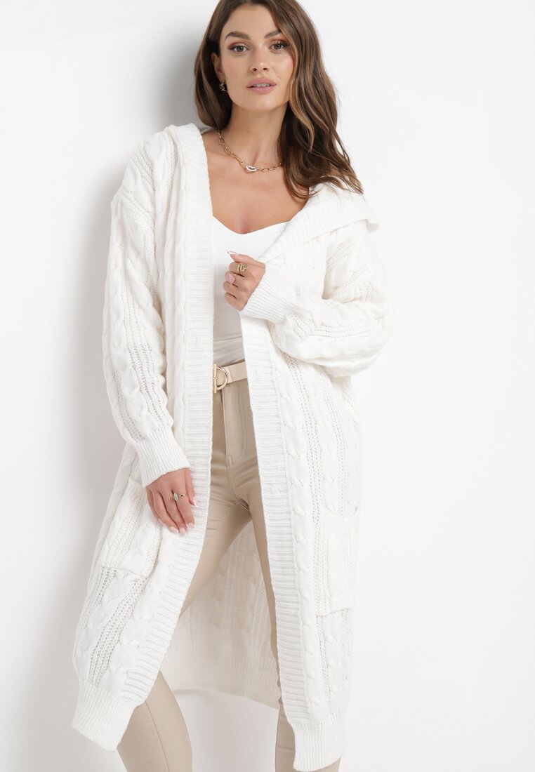 Biały Długi Kardigan z Kapturem Ozdobiony Splotem Galemes