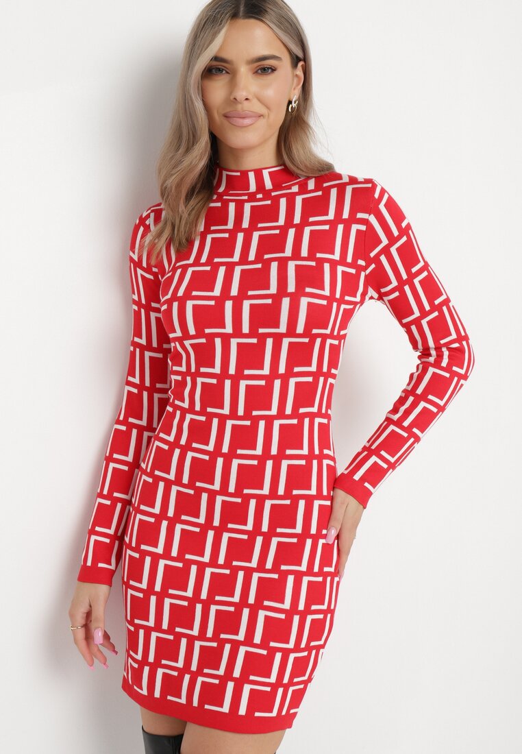 Czerwona Sukienka Mini ze Sweterkowego Materiału w Geometryczny Wzór Lenikes