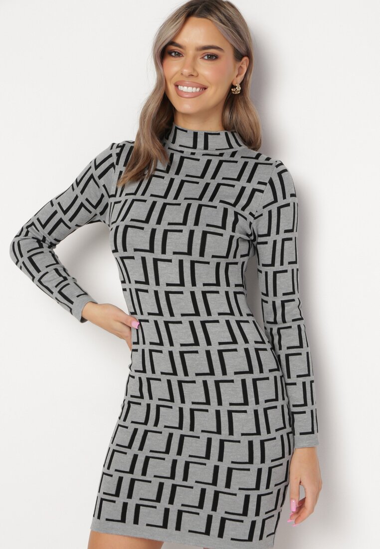 Szara Sukienka Mini ze Sweterkowego Materiału w Geometryczny Wzór Lenikes