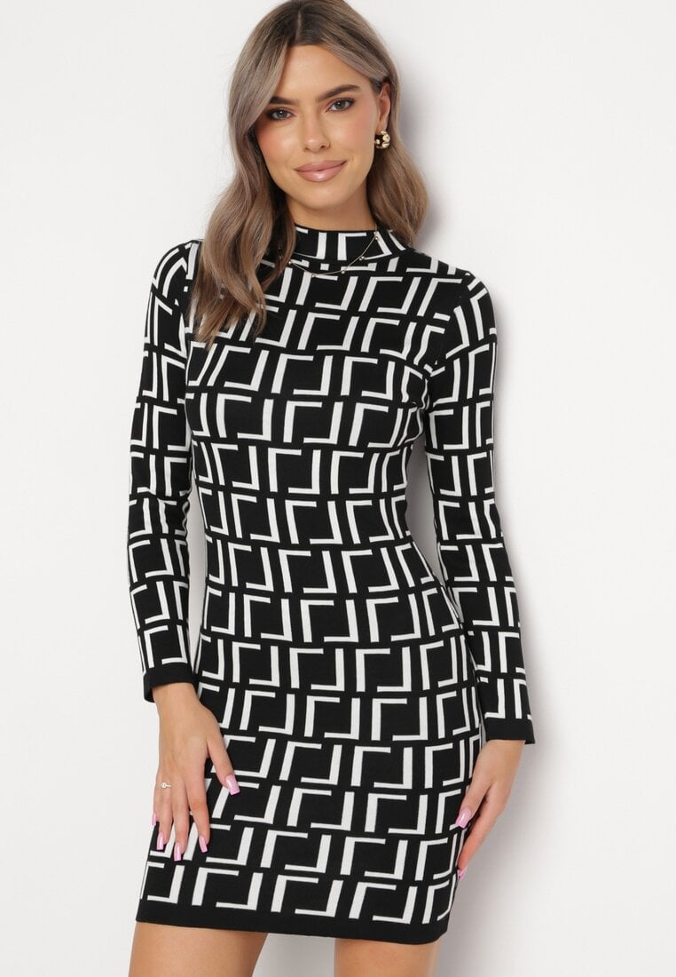 Czarno-Biała Sukienka Mini ze Sweterkowego Materiału w Geometryczny Wzór Lenikes