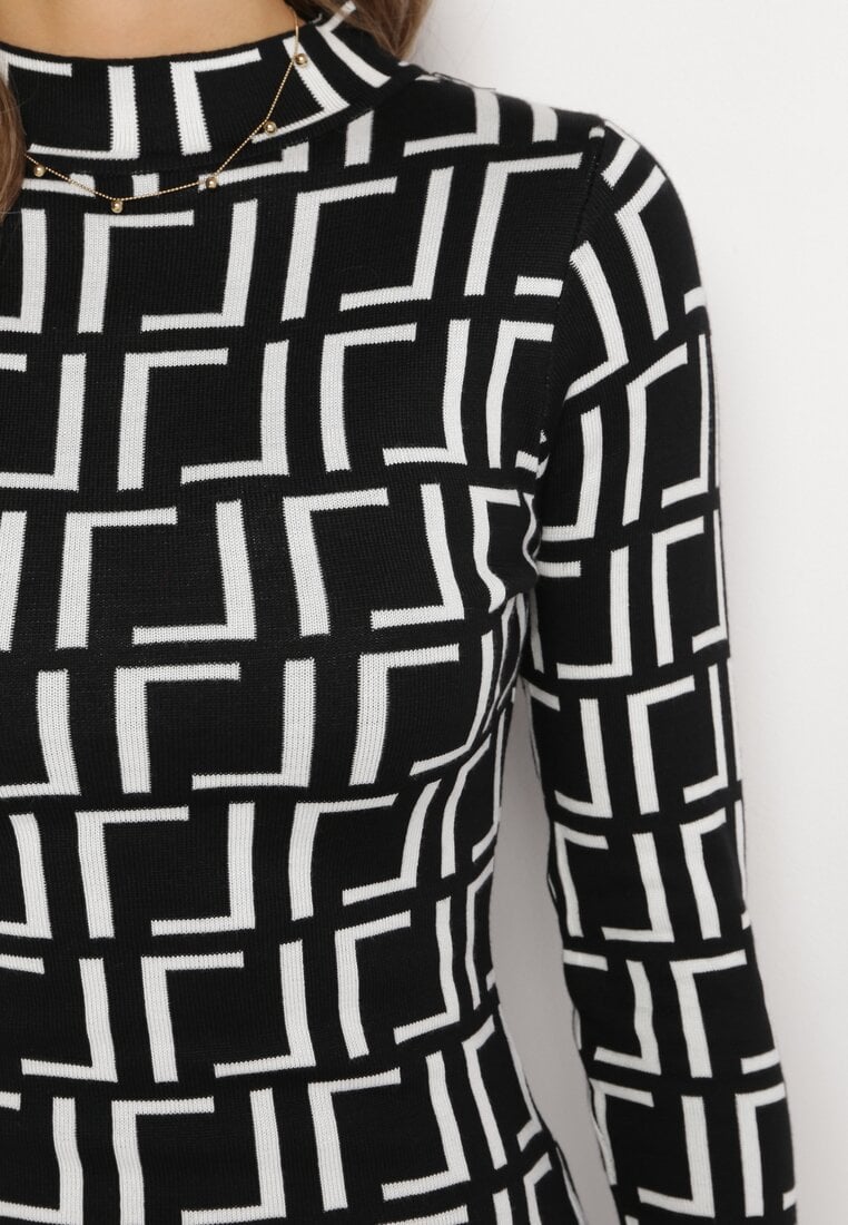 Czarno-Biała Sukienka Mini ze Sweterkowego Materiału w Geometryczny Wzór Lenikes