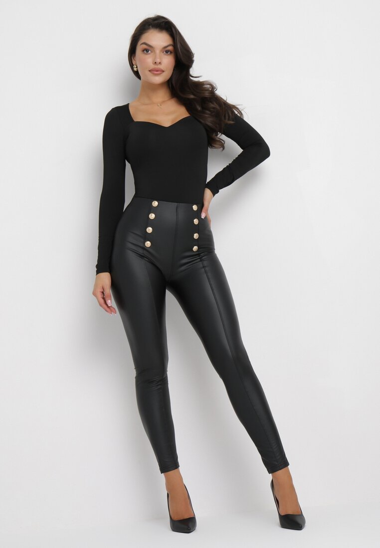 Czarne Spodnie Skinny Retro z Wysoką Talią Ozdobione Napami Kumia