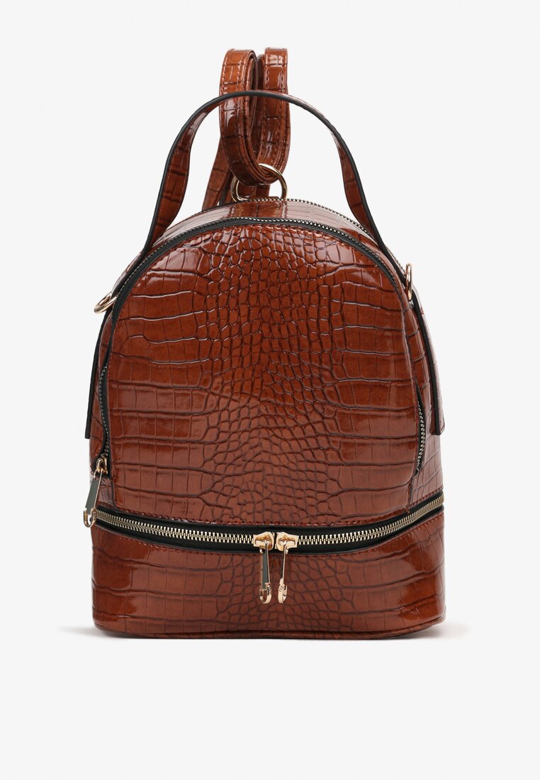 Brązowy Lakierowany Plecak Torebka z Tłoczeniem Skóry Krokodyla Xenaia