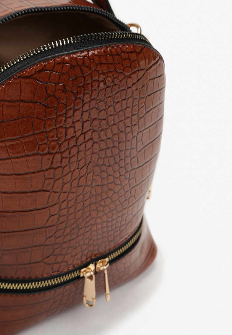 Brązowy Lakierowany Plecak Torebka z Tłoczeniem Skóry Krokodyla Xenaia