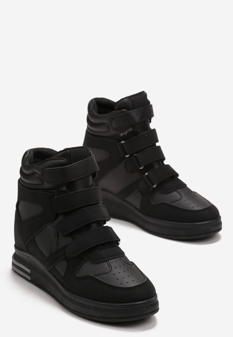 Czarne Sneakersy na Ukrytym Koturnie z Zapięciem na Rzepy Amria