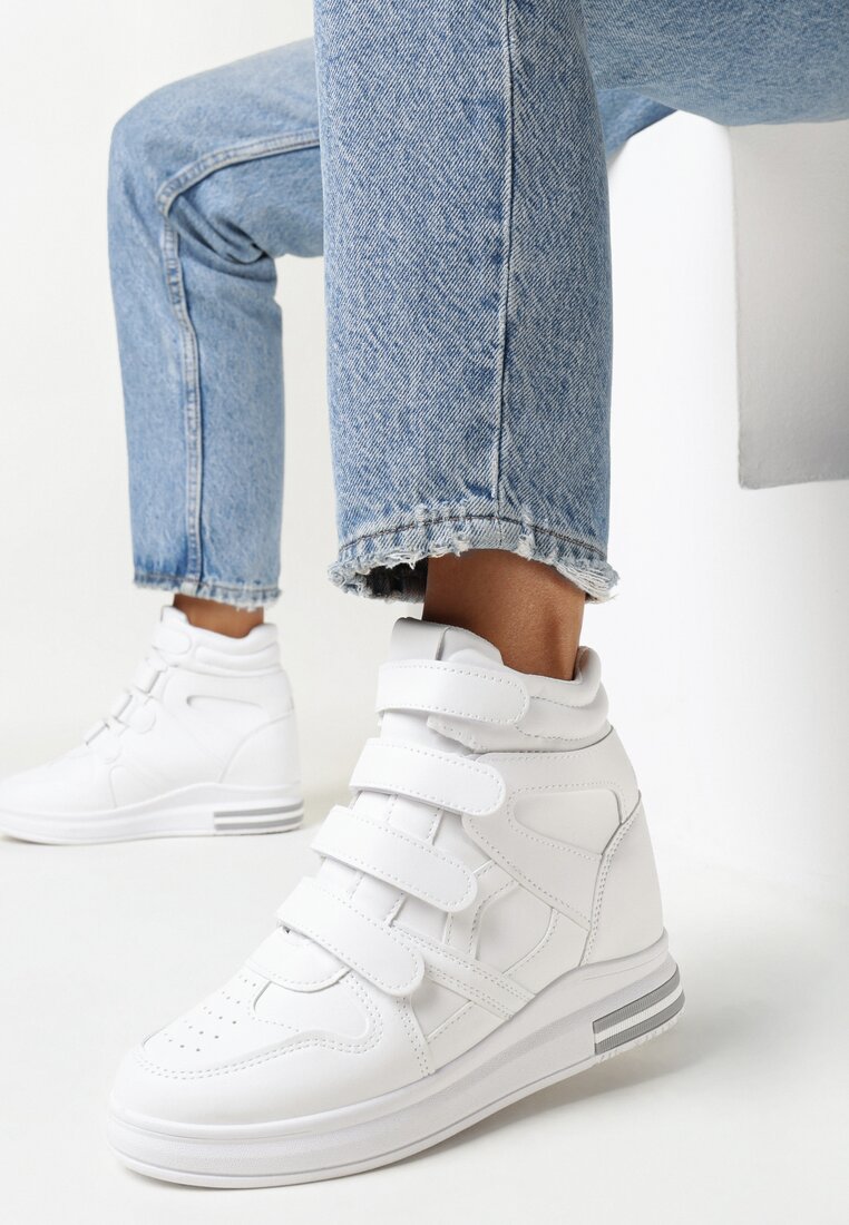 Białe Sneakersy na Ukrytym Koturnie z Zapięciem na Rzepy Amria