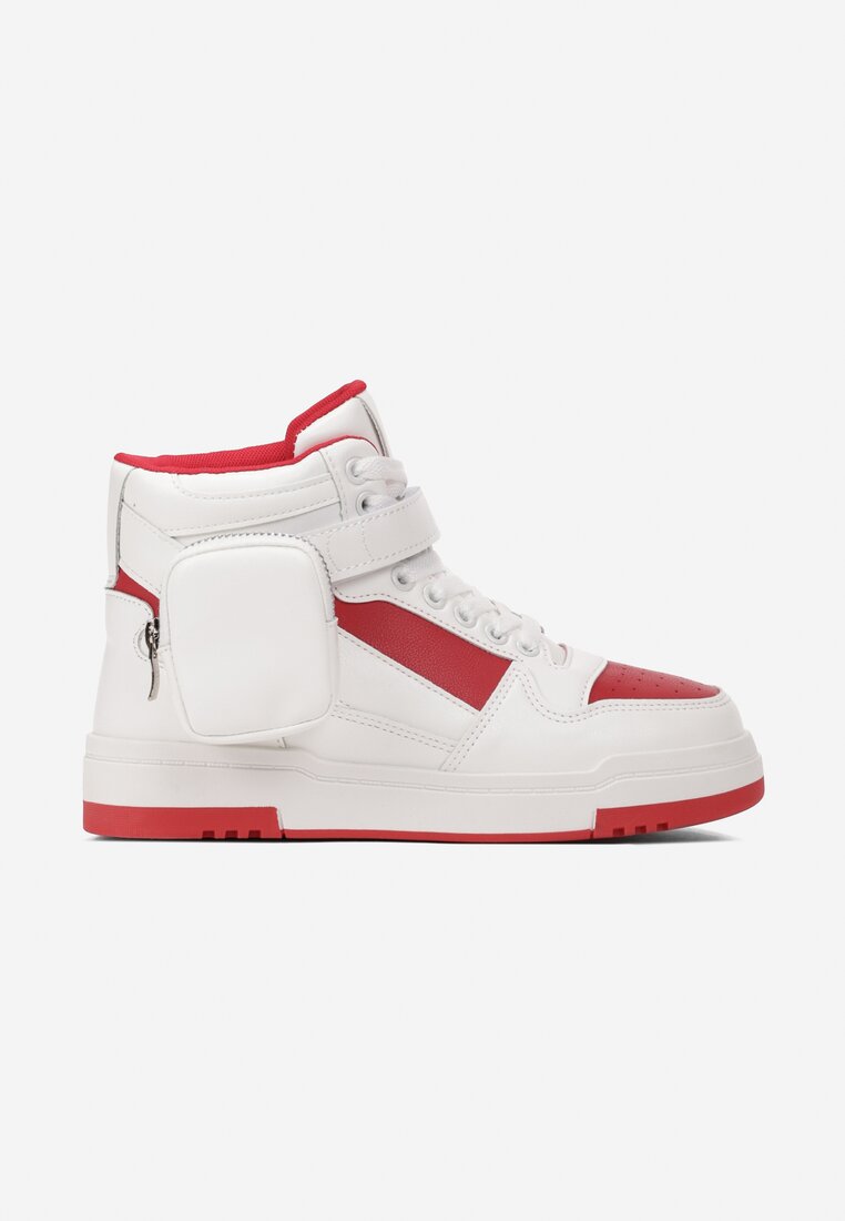Biało-Czerwone Sneakersy za Kostkę z Paskiem na Rzep i Ozdobną Saszetką Brenhile