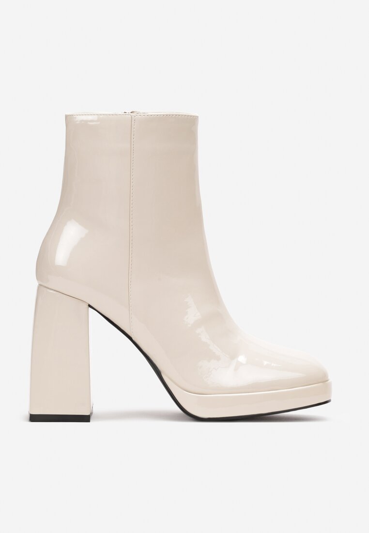 Beżowe Lakierowane Botki na Geometrycznym Słupku i Platformie Fiamira