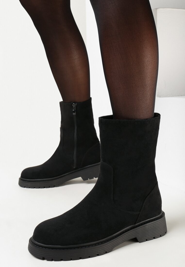 Czarne Botki z Imitacji Zamszu na Płaskiej Podeszwie Cleomia