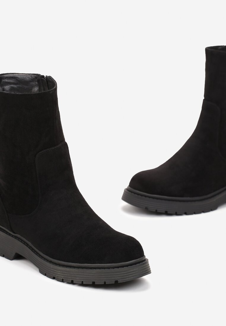 Czarne Botki z Imitacji Zamszu na Płaskiej Podeszwie Cleomia