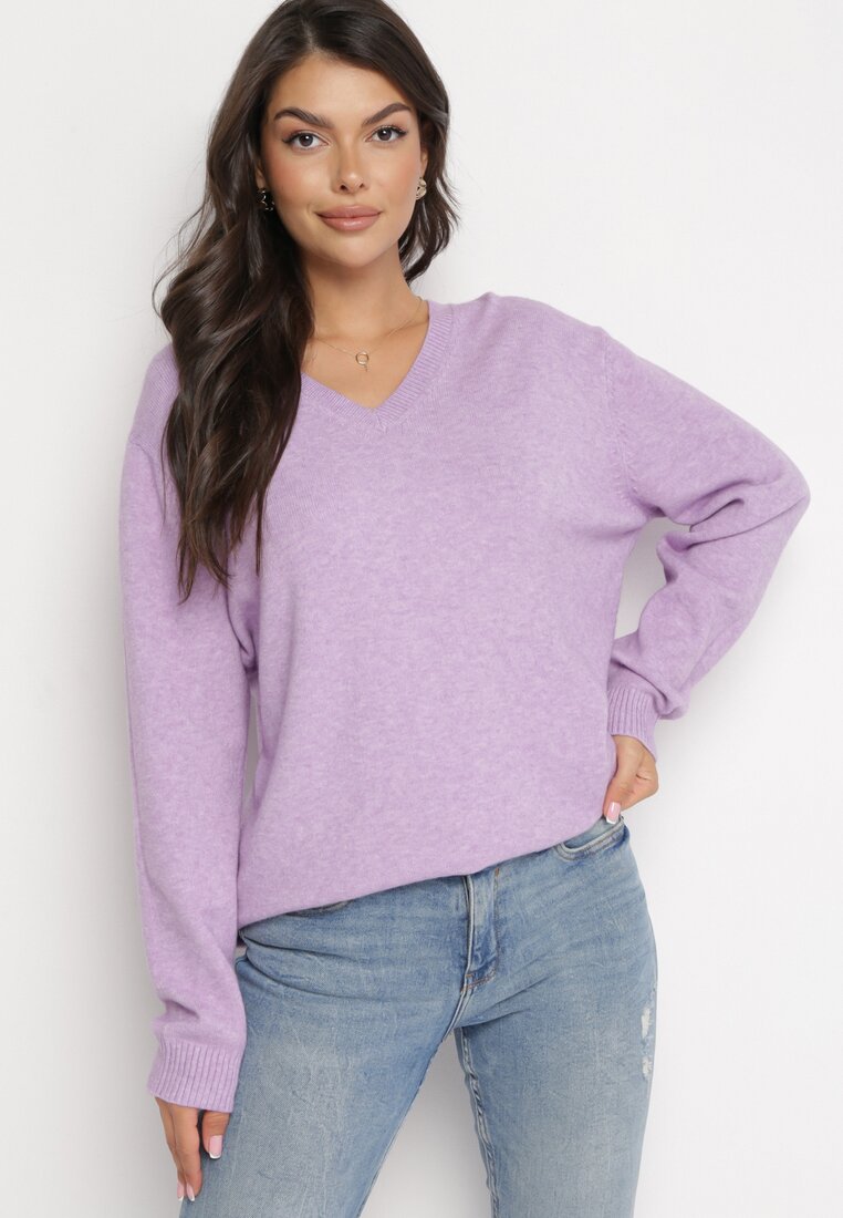 Jasnofioletowy Klasyczny Sweter z Trójkątnym Dekoltem i Ściągaczami Modahia