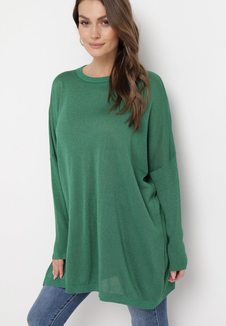 Zielony Sweter Oversize z Metaliczną Nitką Herfela