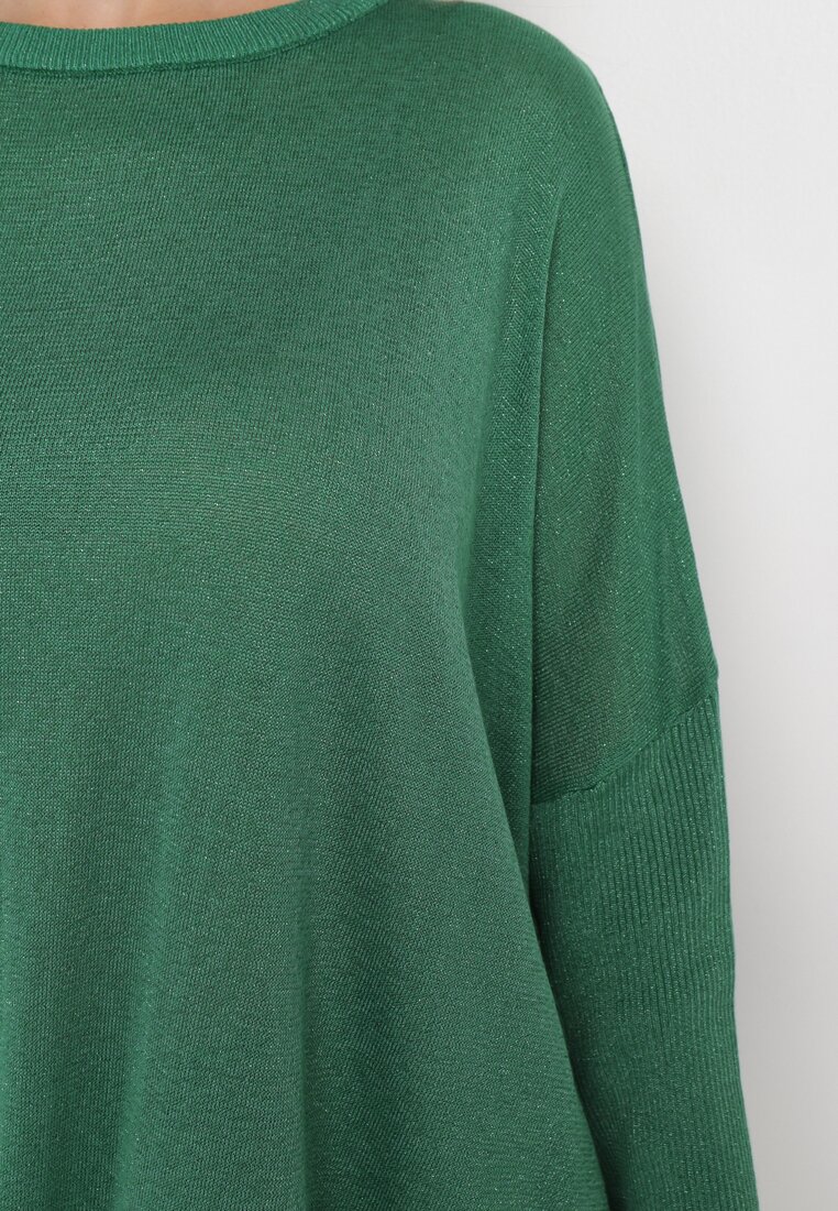 Zielony Sweter Oversize z Metaliczną Nitką Herfela