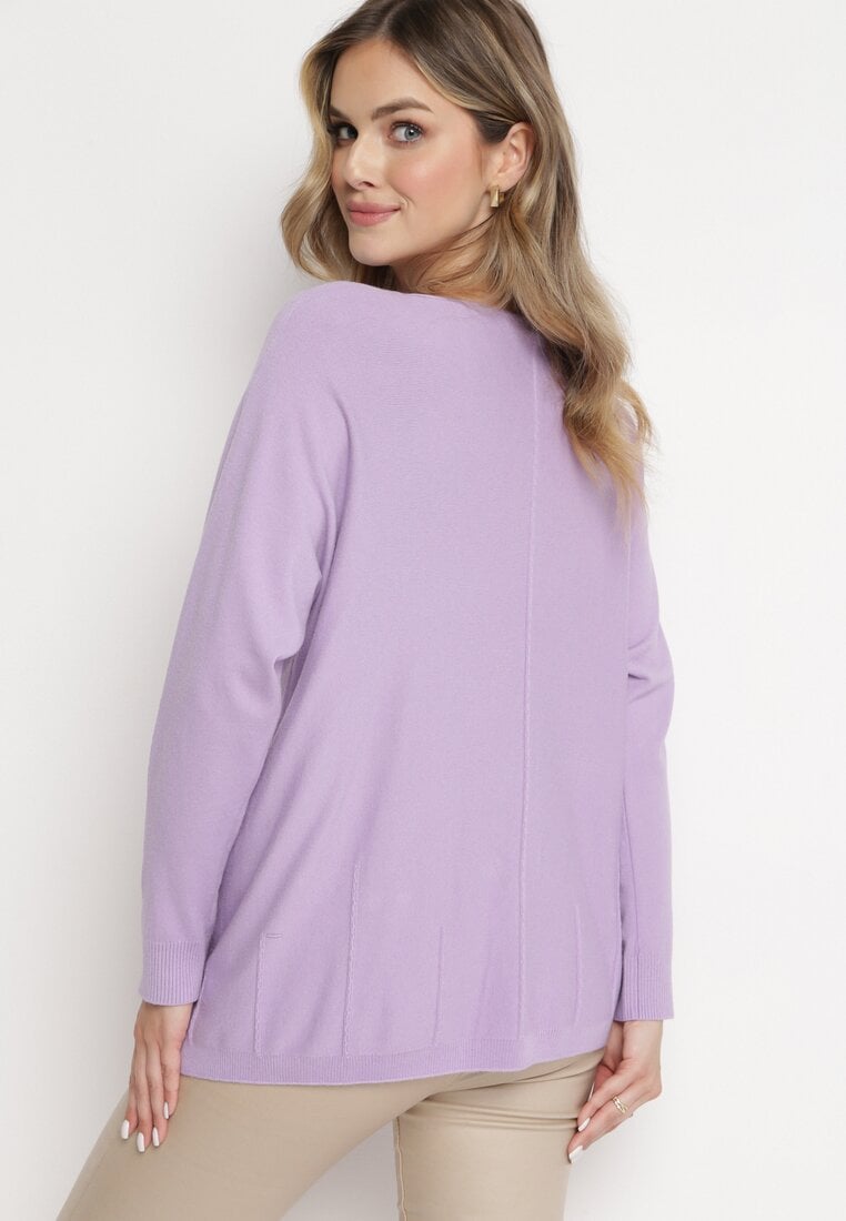 Fioletowy Sweter z Przeszyciami i Rękawami Typu Nietoperz Jallee