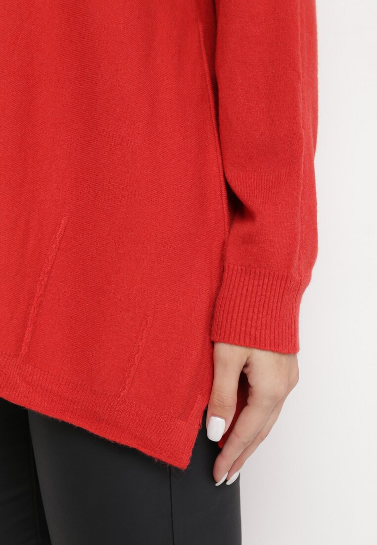 Czerwony Sweter z Przeszyciami i Rękawami Typu Nietoperz Jallee