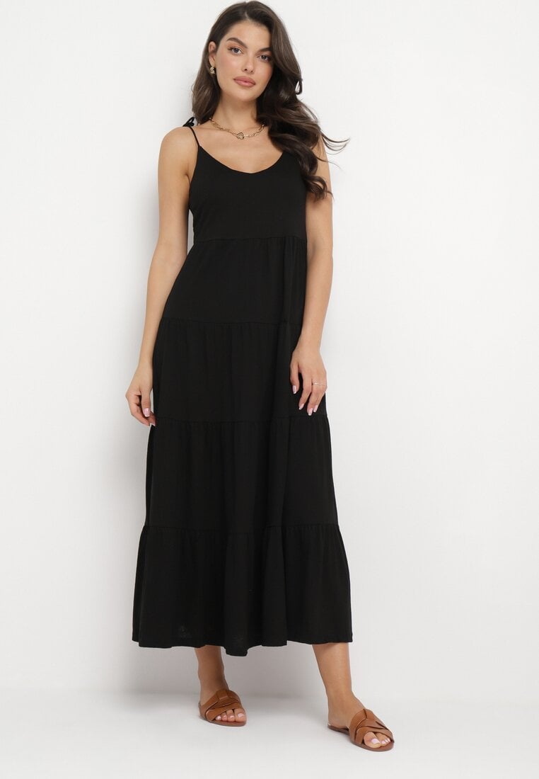 Czarna Sukienka z Bawełnianej Tkaniny z Wiązanymi Ramiączkami Esthenis