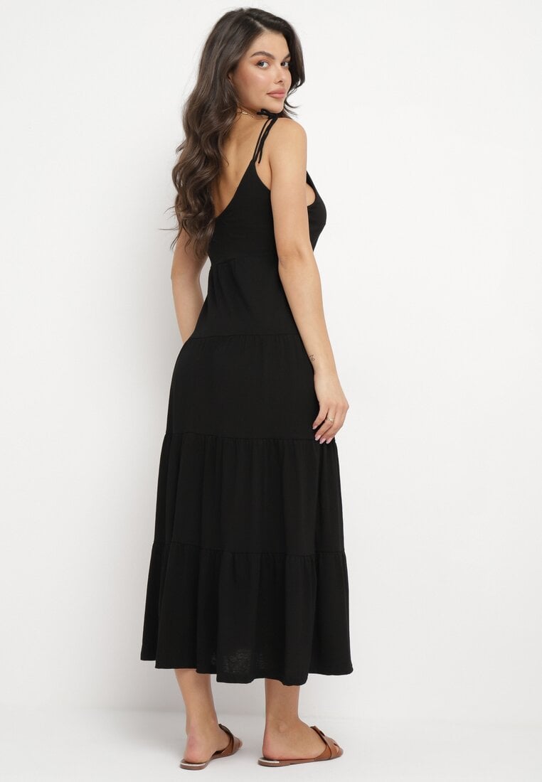 Czarna Sukienka z Bawełnianej Tkaniny z Wiązanymi Ramiączkami Esthenis