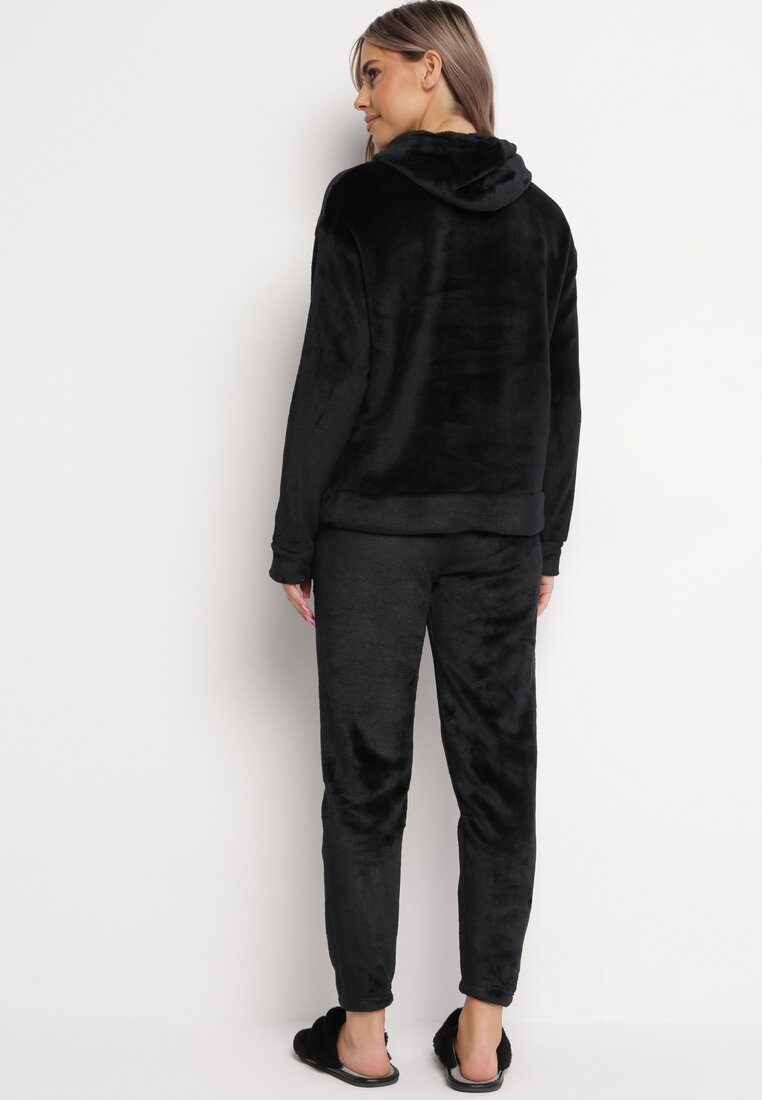 Czarny Welurowy Komplet Piżamowy Bluza z Kapturem i Spodnie Joggery z Pluszowej Dzianiny Carlala