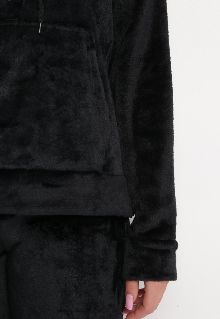 Czarny Welurowy Komplet Piżamowy Bluza z Kapturem i Spodnie Joggery z Pluszowej Dzianiny Carlala