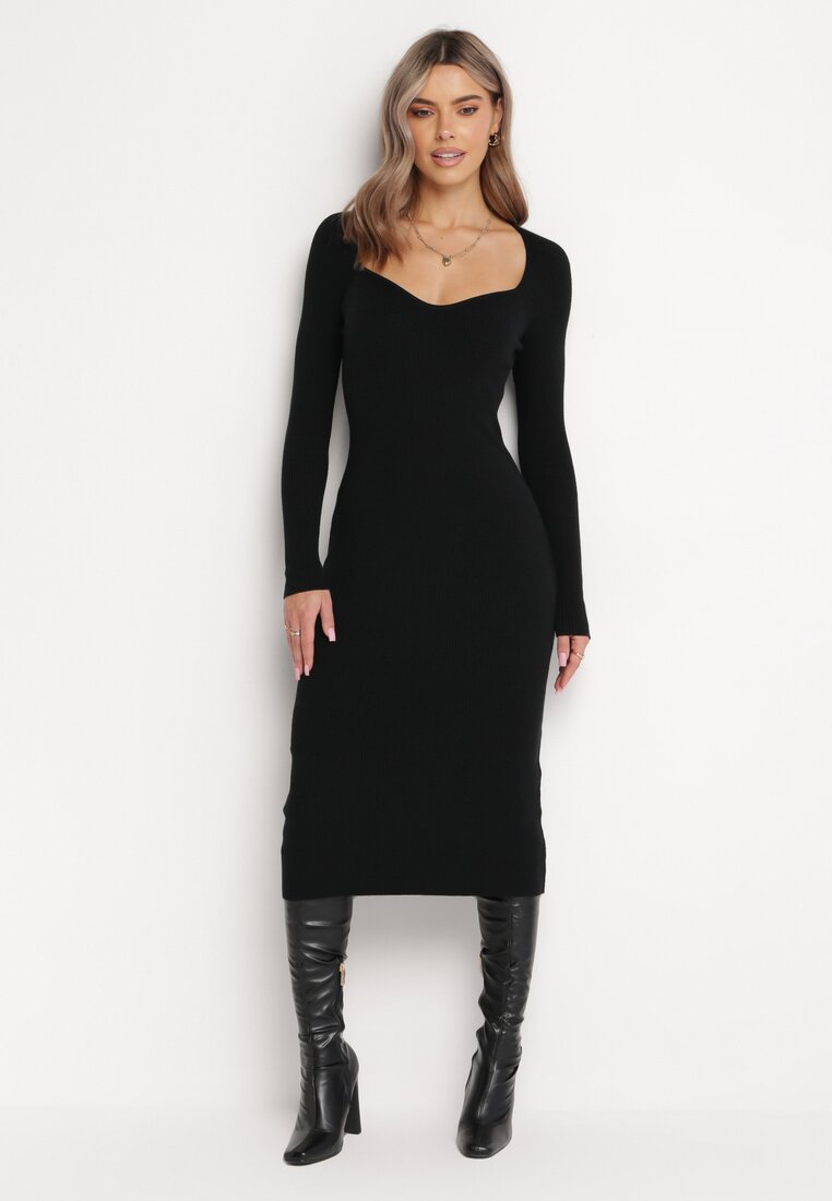 Czarna Sukienka o Ołówkowym Fasonie z Prążkowanej Dzianiny Xamelina