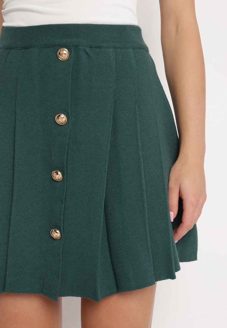 Zielona Spódnica Plisowana Mini z Ozdobnymi Guzikami Alesya