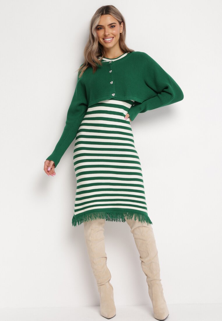 Zielony 2-Częściowy Komplet Midi Sukienka w Paski z Frędzlami i Krótki Kardigan z Cyrkoniami Emoncja