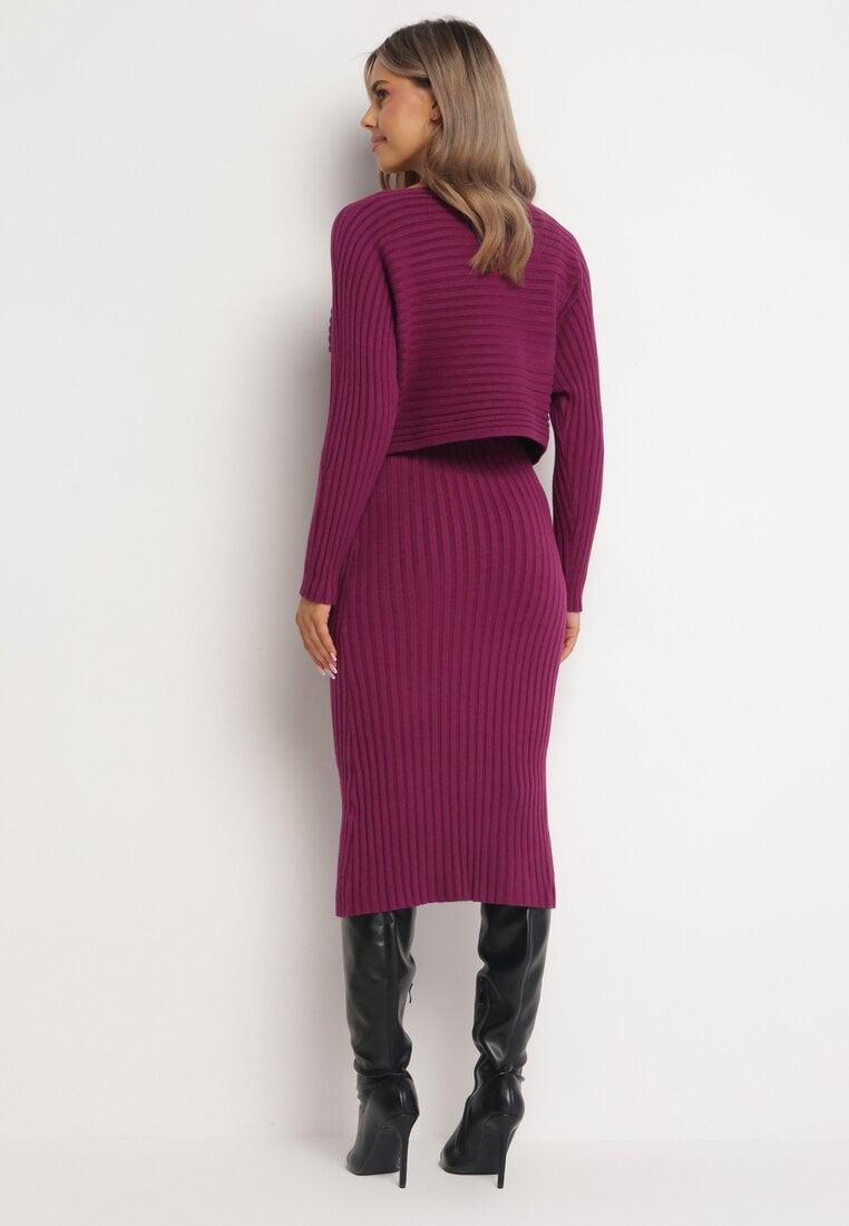 Fioletowy 2-częściowy Komplet Dzianinowy Sweter i Sukienka Rialles