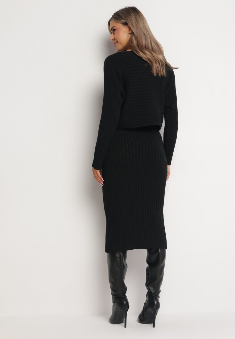 Czarny 2-częściowy Komplet Dzianinowy Sweter i Sukienka Rialles