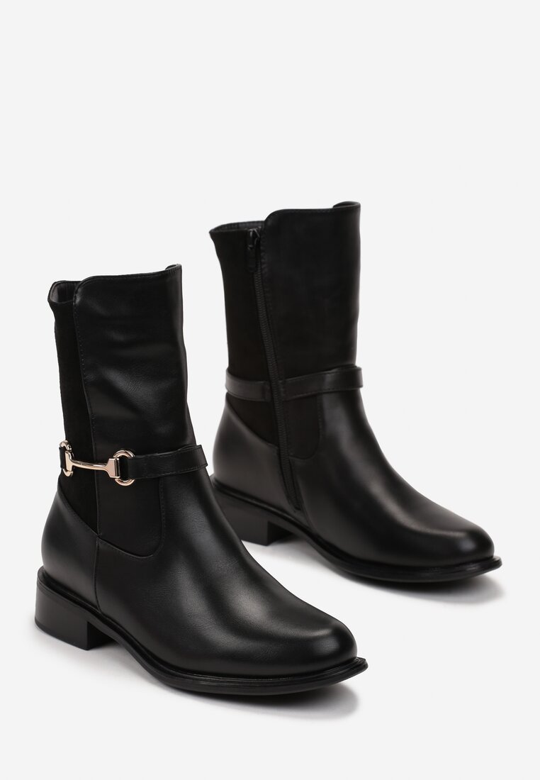 Czarne Botki za Kostkę z Ozdobną Klamerką Kleone