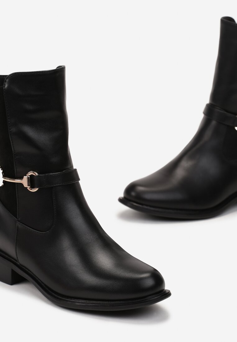 Czarne Botki za Kostkę z Ozdobną Klamerką Kleone