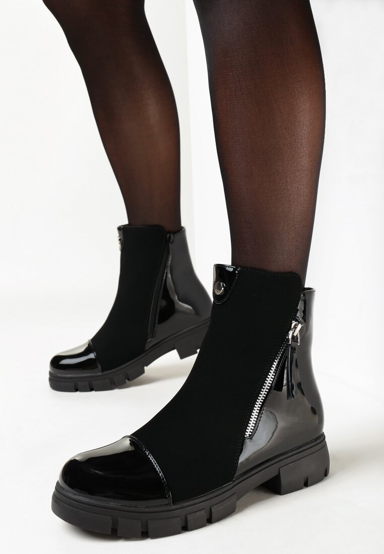 Czarne Botki Workery ze Skośnym Suwakiem i Lakierowanym Noskiem Rabina