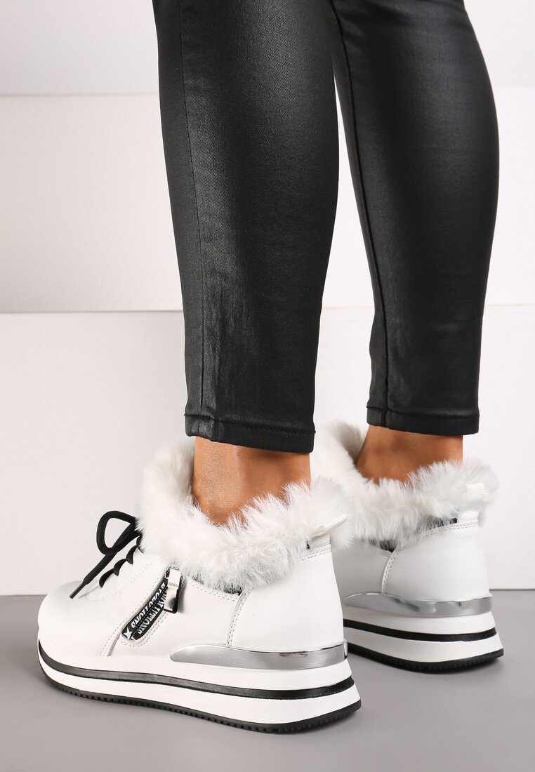 Białe Botki Sneakersy na Grubej Podeszwie z Futerkiem Biqilee