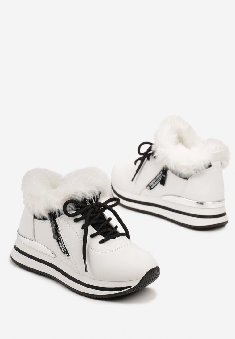 Białe Botki Sneakersy na Grubej Podeszwie z Futerkiem Biqilee