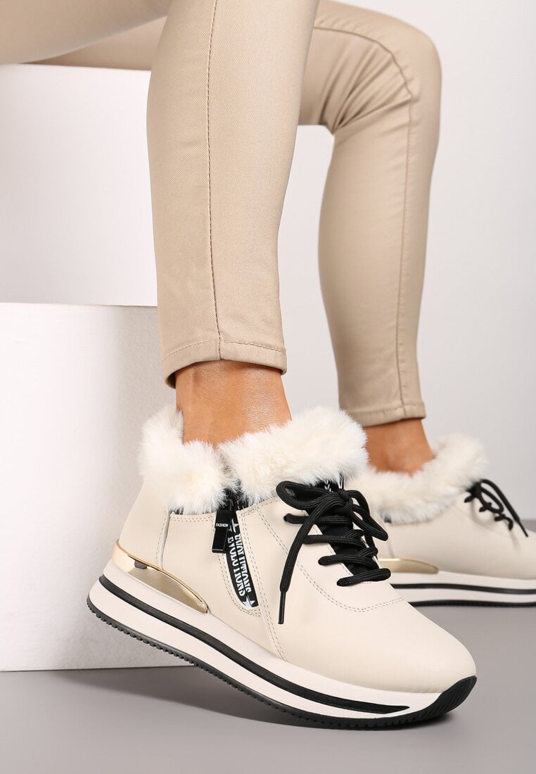 Beżowe Botki Sneakersy na Grubej Podeszwie z Futerkiem Biqilee