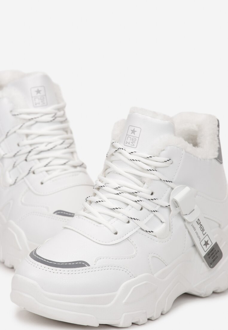 Białe Sneakersy Podwójnie Sznurowane za Kostkę ze Sztucznym Futerkiem Simnilka